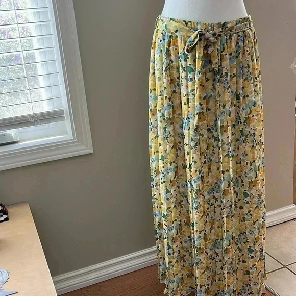 [L]Joie yellow Floral Maxi Lined Pleated Pull On Skirt  with Waist Belt - Picture 2 of 10